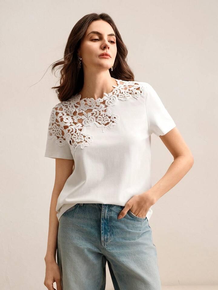 CM-TS688199 Women Casual Seoul Style Lace Crochet Patchwork Hollow Out Short Sleeve Blouse - White