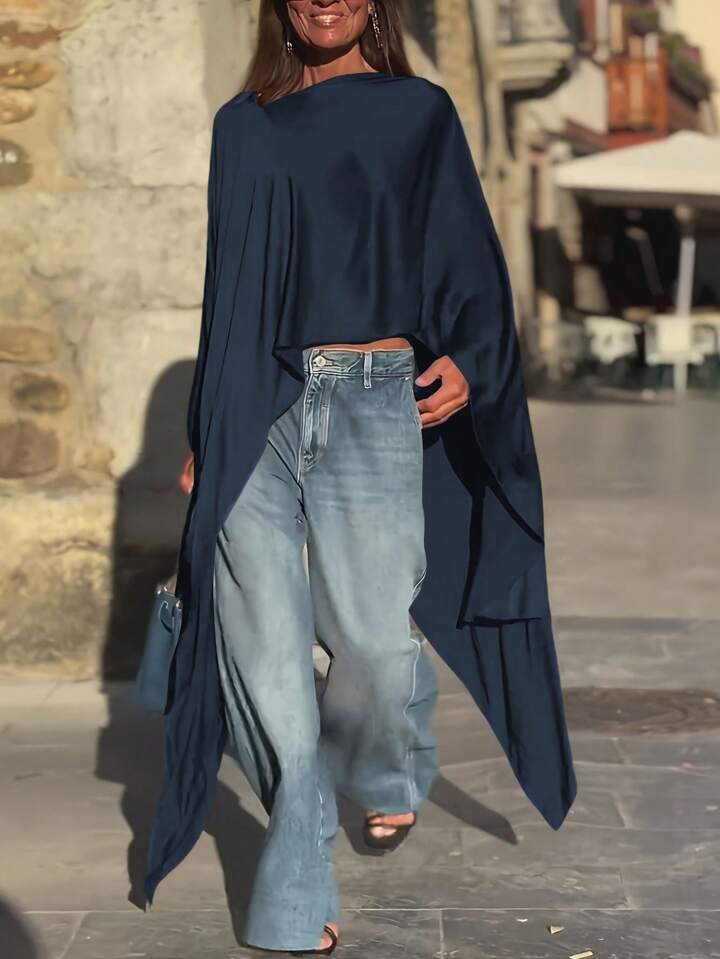 CM-TS586807 Women Casual Seoul Style Round Neck Batwing Sleeve Asymmetrical Long Shirt - Navy Blue