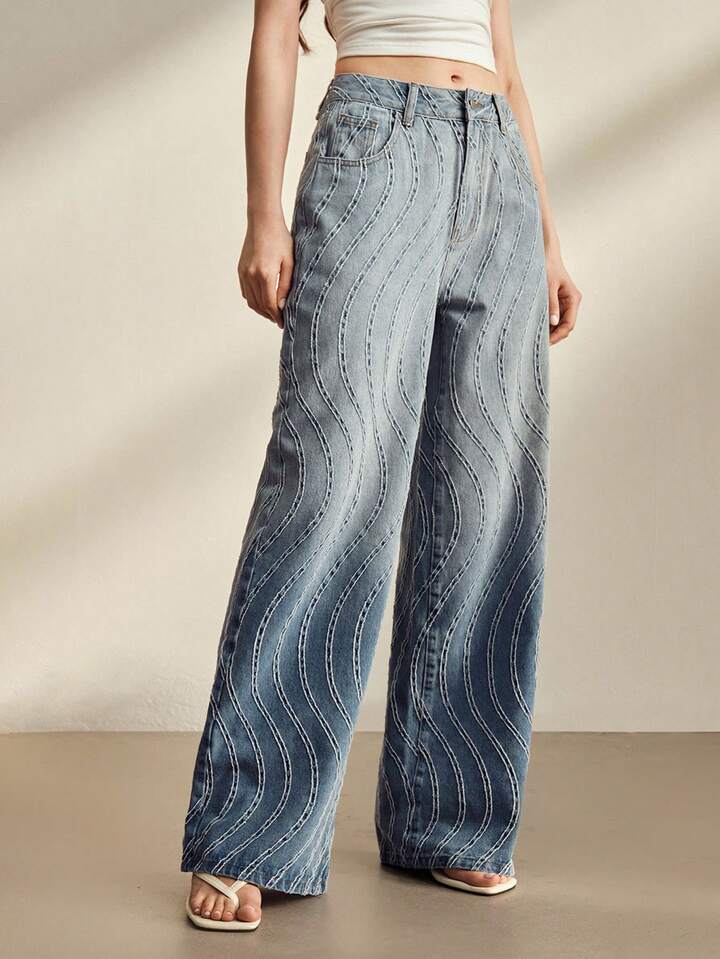 CM-BS195590 Women Casual Seoul Style Mid Waist Jacquard Gradient Straight Leg Jeans - Blue