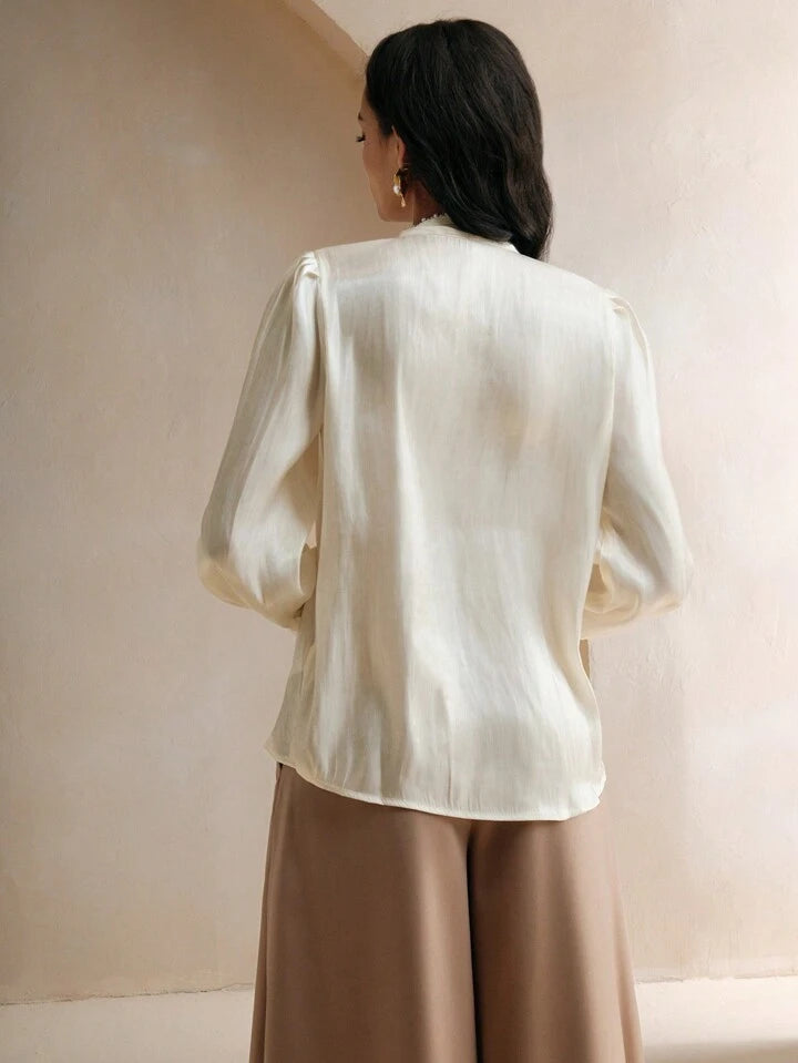 CM-TS379258 Women Elegant Seoul Style Tie Neck Pearl Knot Loose Long Sleeve Blouse - Apricot