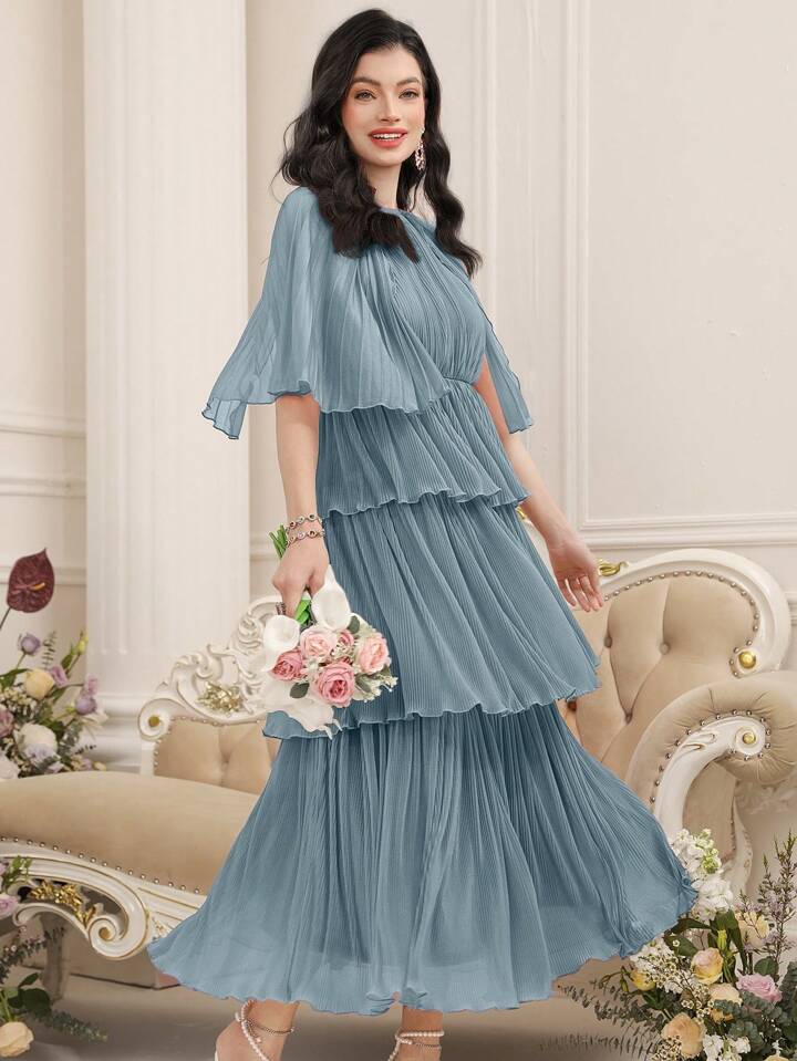 CM-DS707088 Women Elegant Seoul Style Round Neck Mesh Patchwork Ruffled Hem Long Dress - Mint Blue