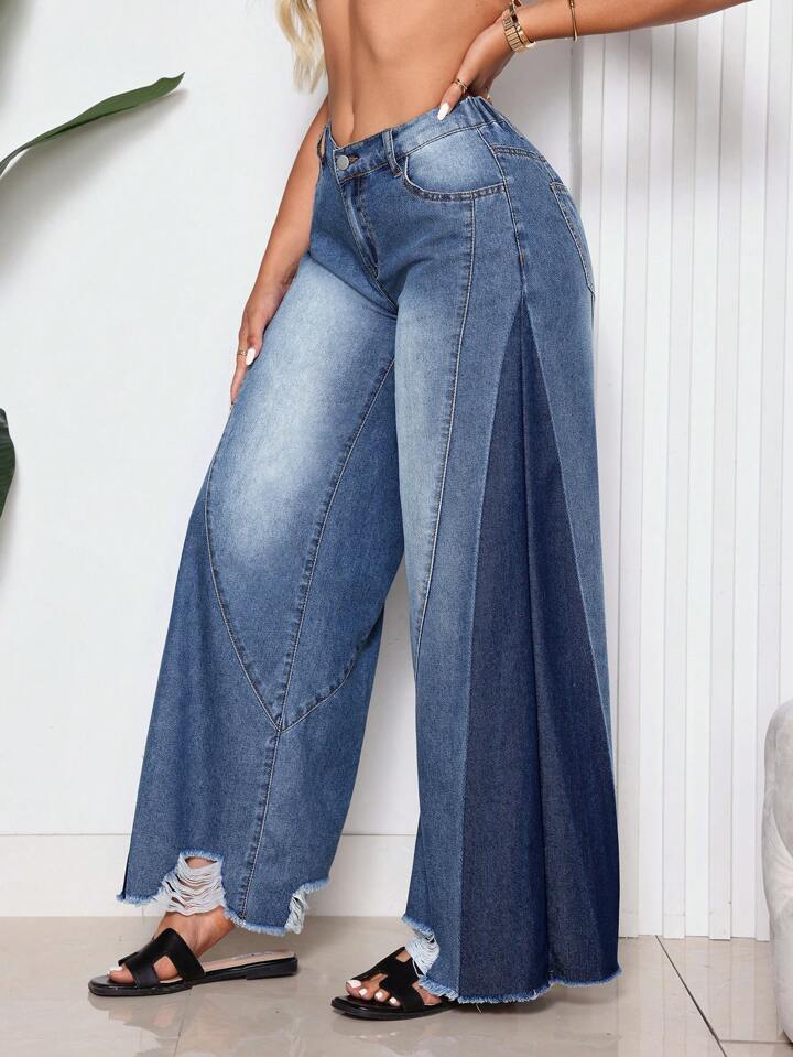 CM-BS102781 Women Casual Seoul Style Loose Fit Pocket Button Front Patchwork Denim Pants
