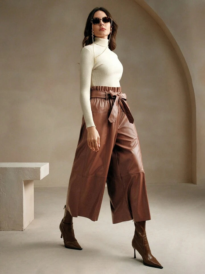 CM-BS442907 Women Elegant Seoul Style High Waist Faux Leather Wide Leg Pants - Brown