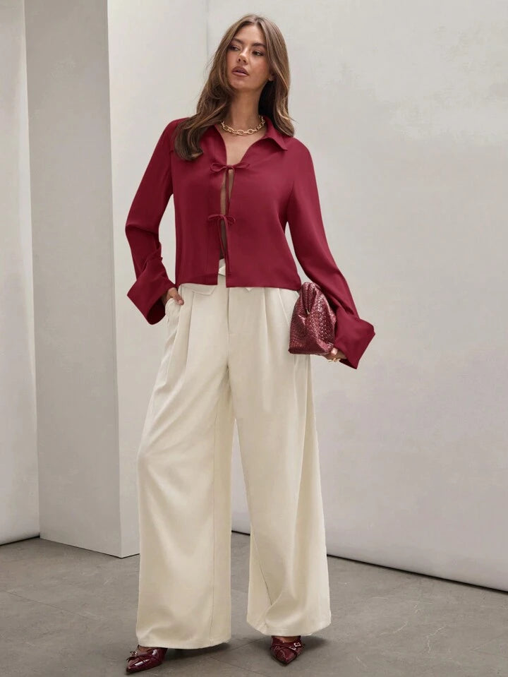 CM-TS803598 Women Trendy Bohemian Style Shirt Collar Front Tie Long Sleeve Shirt - Burgundy