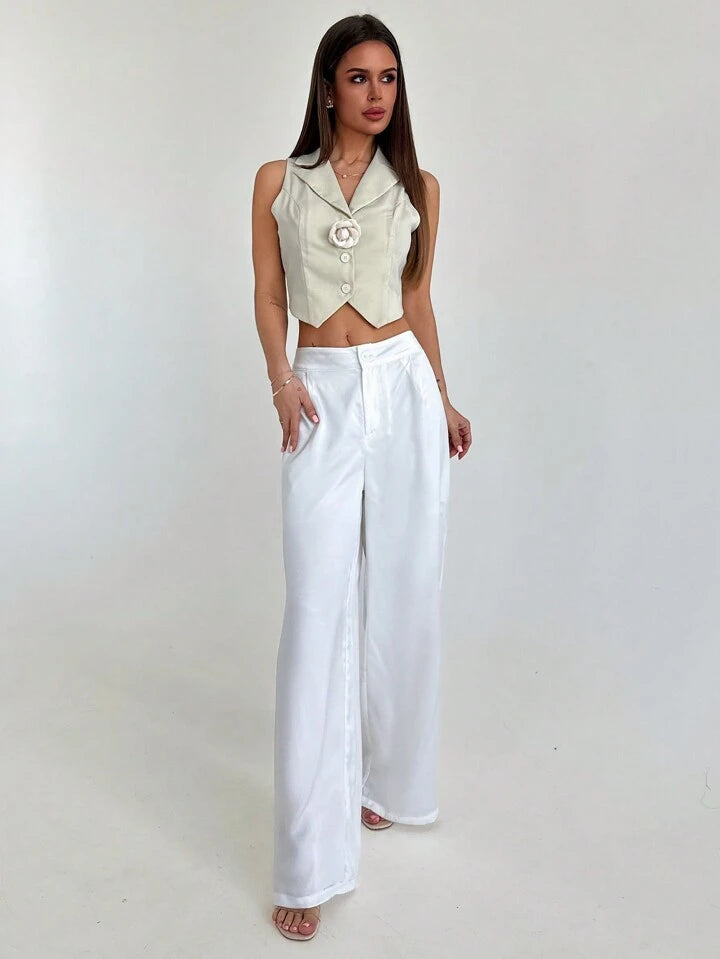 CM-BS063961 Women Casual Seoul Style Low Waist Pleated Straight Leg Long Pants - White