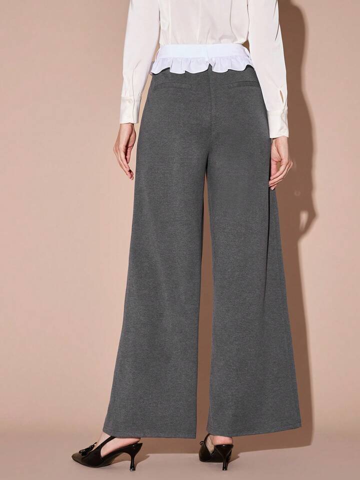 CM-BS769739 Women Casual Seoul Style Contrast Color High Waist Ruffle Hem Wide Leg Pants - Gray
