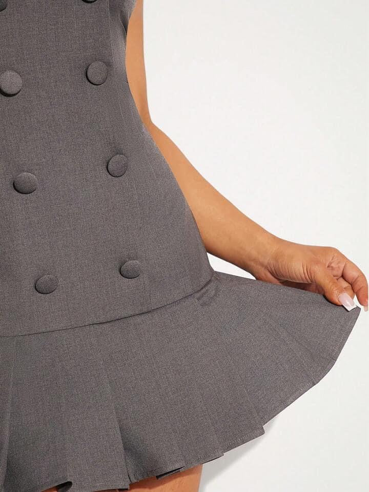 CM-DS971795 Women Elegant Seoul Style Double Breasted Sleeveless Pleated Hem Dress - Dark Gray