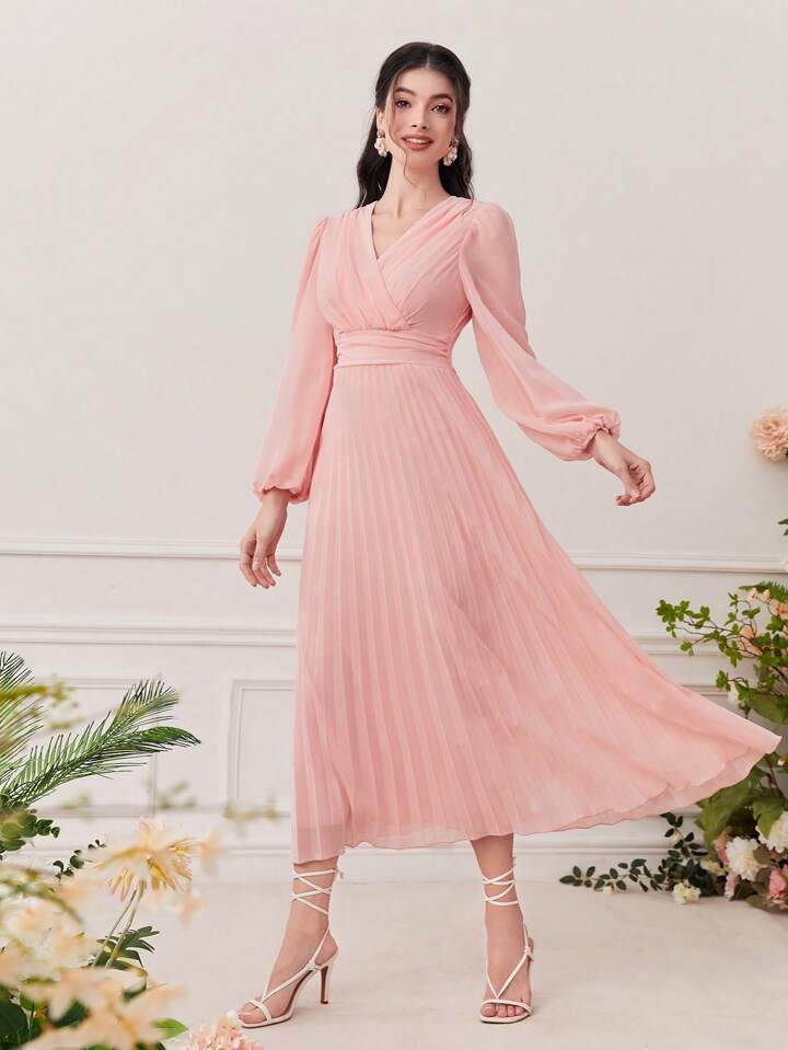 CM-DS466236 Women Elegant Seoul Style Surplice V-Neck High Waist Pleated Hem A-Line Dress - Dusty Pink