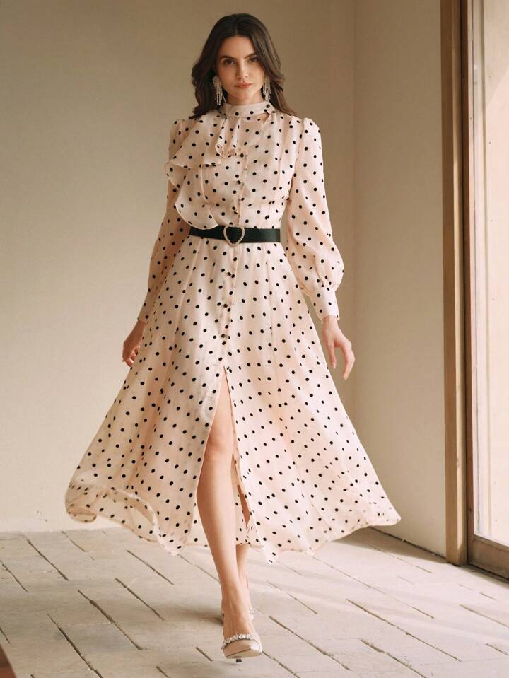 CM-DS288841 Women Elegant Seoul Style Long Sleeve Polka Dot Mock Neck A-Line Dress With Cinched Waist