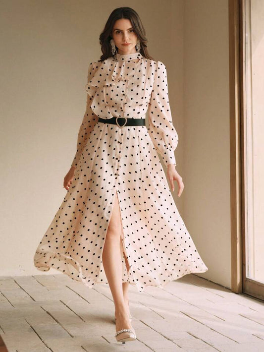 CM-DS288841 Women Elegant Seoul Style Long Sleeve Polka Dot Mock Neck A-Line Dress With Cinched Waist