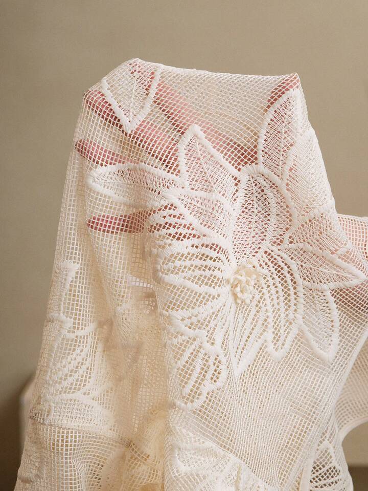 CM-TS586778 Women Elegant Seoul Style Lace Hollow Petal Sleeve Floral Design Blouse - Apricot