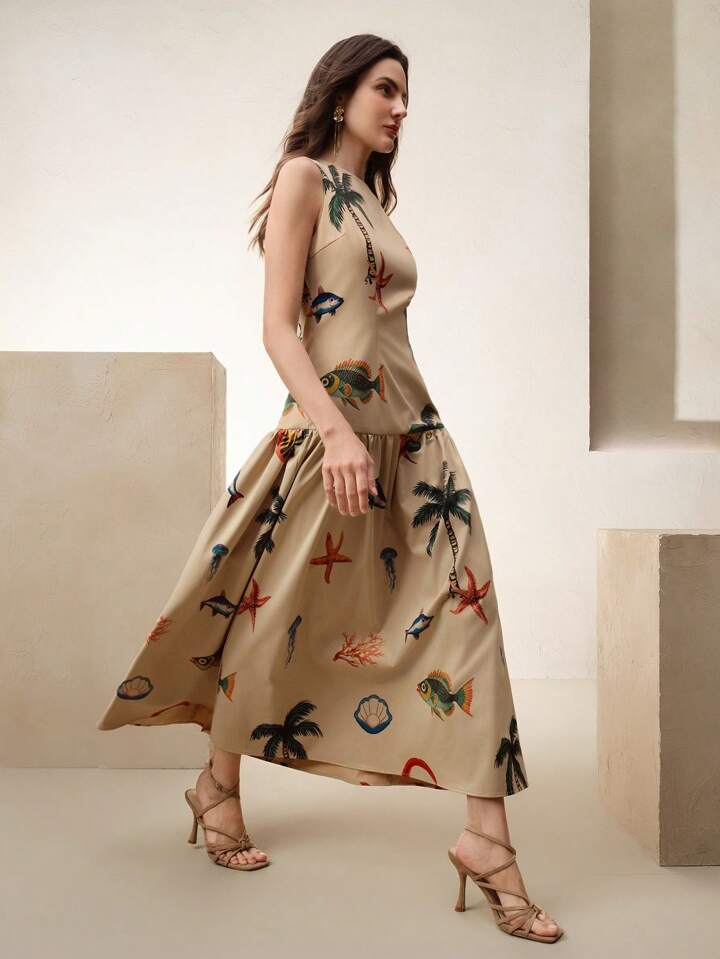 CM-DS821000 Women Elegant Seoul Style Round Neck Sleeveless Ruched Waist A-Line Maxi Dress - Khaki
