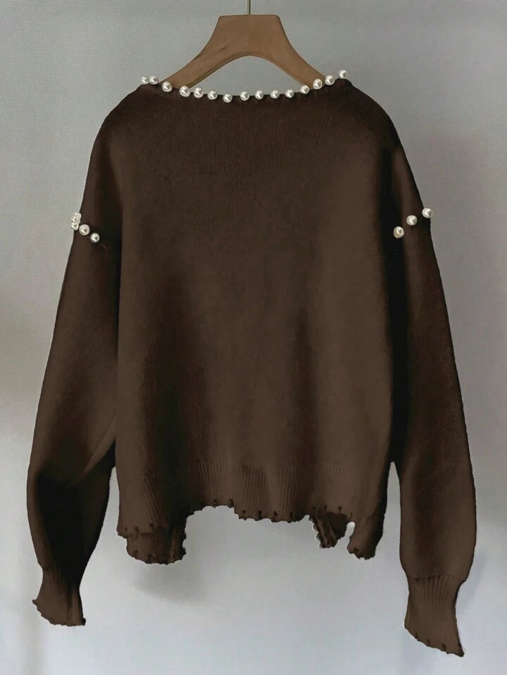 CM-CS666168 Women Casual Seoul Style Pearl Trim Distressed Hem Long Sleeve Knit Sweater - Brown