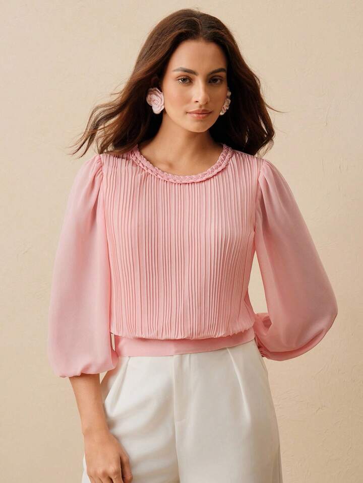 CM-TS771066 Women Elegant Seoul Style Cable Knit Round Neck Pleated Lantern Sleeve Slim Fit Blouse - Pink