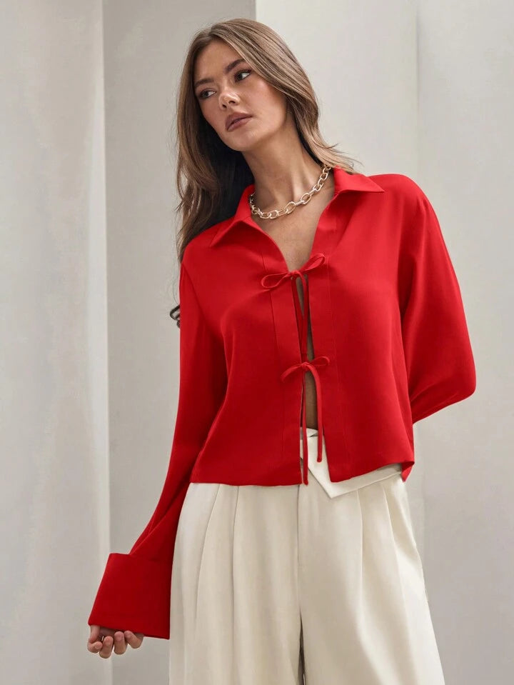 CM-TS896830 Women Trendy Bohemian Style Shirt Collar Front Tie Long Sleeve Shirt - Red