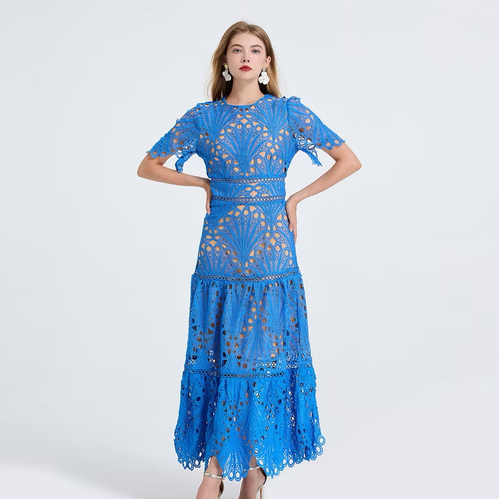 CM-DY053337 Women Elegant European Style Round Neck Short Sleeve High Waist Hollow Splice Long Dress - Blue