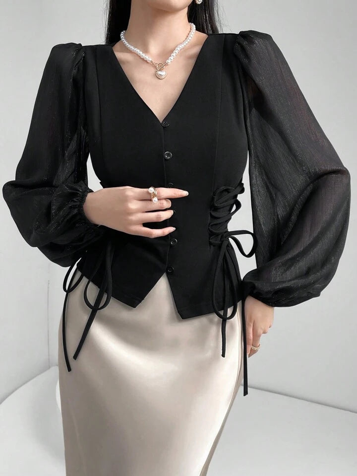 CM-TS854985 Women Elegant Seoul Style Sheer V-Neck Puff Lantern Sleeves Lace-Up Detail Blouse - Black