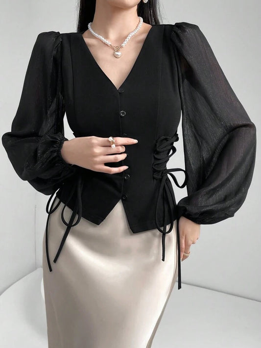 CM-TS854985 Women Elegant Seoul Style Sheer V-Neck Puff Lantern Sleeves Lace-Up Detail Blouse - Black