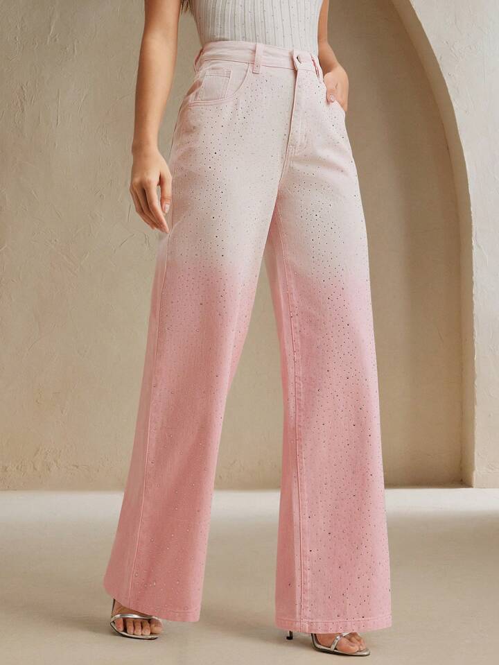 CM-BS570000 Women Casual Seoul Style Heavy Bling Decor Loose Wide Leg Jeans - Pink