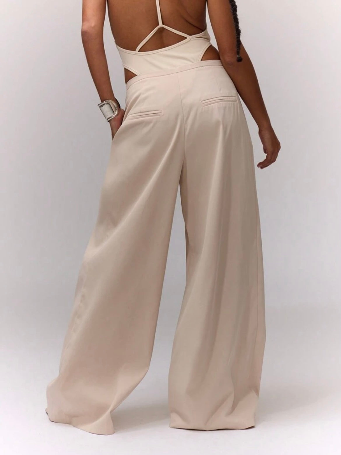 CM-BS550066 Women Casual Seoul Style Wide Leg Pleated Waist Loose Trousers - Apricot