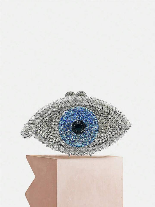 CM-BGS186296 Women Elegant Seoul Style Eye Design Crystal Rhinestone Clutch Bags - Silver