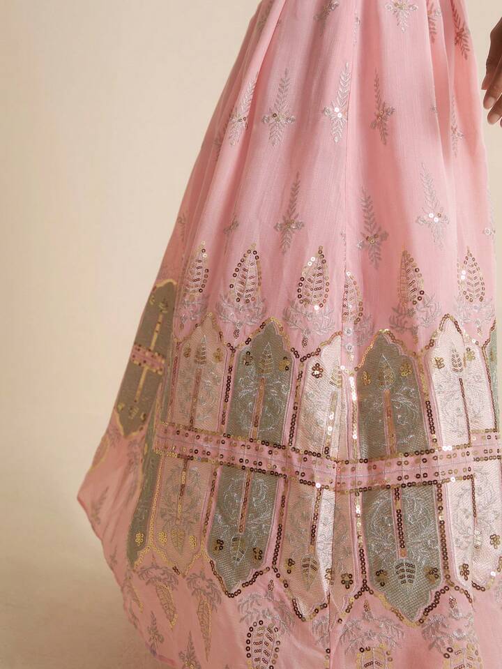 CM-BS058921 Women Elegant Seoul Style High Waist Bead Gold Thread Embroidery Chiffon Maxi Skirt - Pink