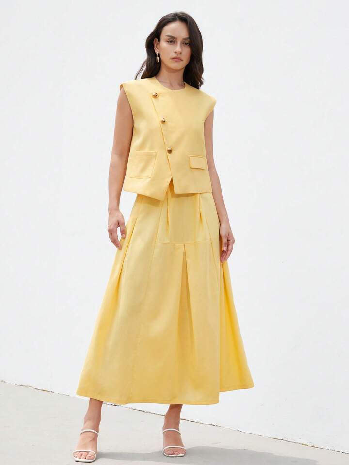 CM-SS679261 Women Elegant Seoul Style V-Neck Sleeveless Button Front Cami With Maxi Skirt - Set