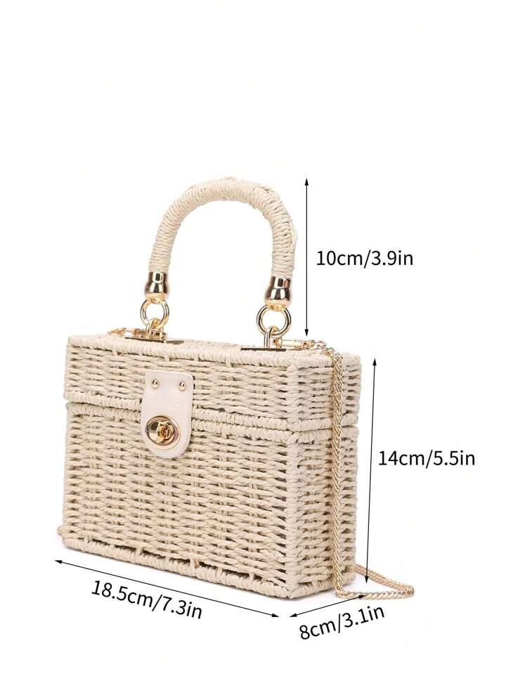 CM-BGS698559 Women Trendy Seoul Style Minimalist Twist Lock Flap Straw Bag - Beige