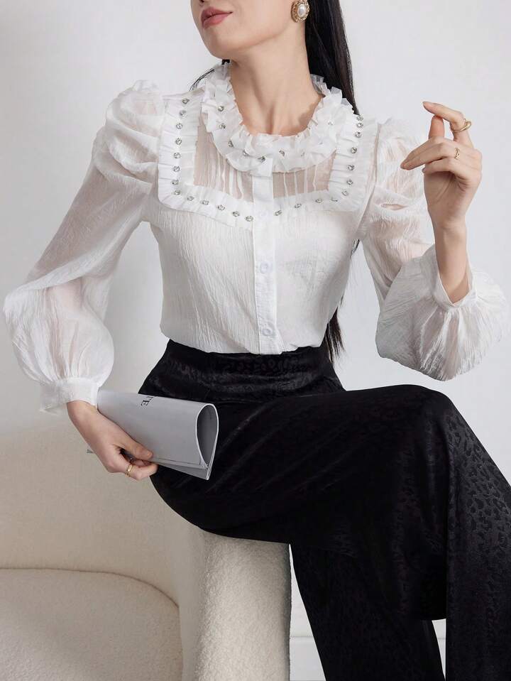 CM-TS720463 Women Elegant Seoul Style Stand Collar Long Sleeve Embellished Rhinestone Blouse - White