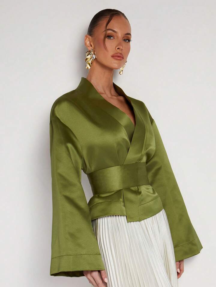CM-TS808575 Women Elegant Seoul Style Solid Color V-Neck Wrap Flared Sleeve Blouse - Green