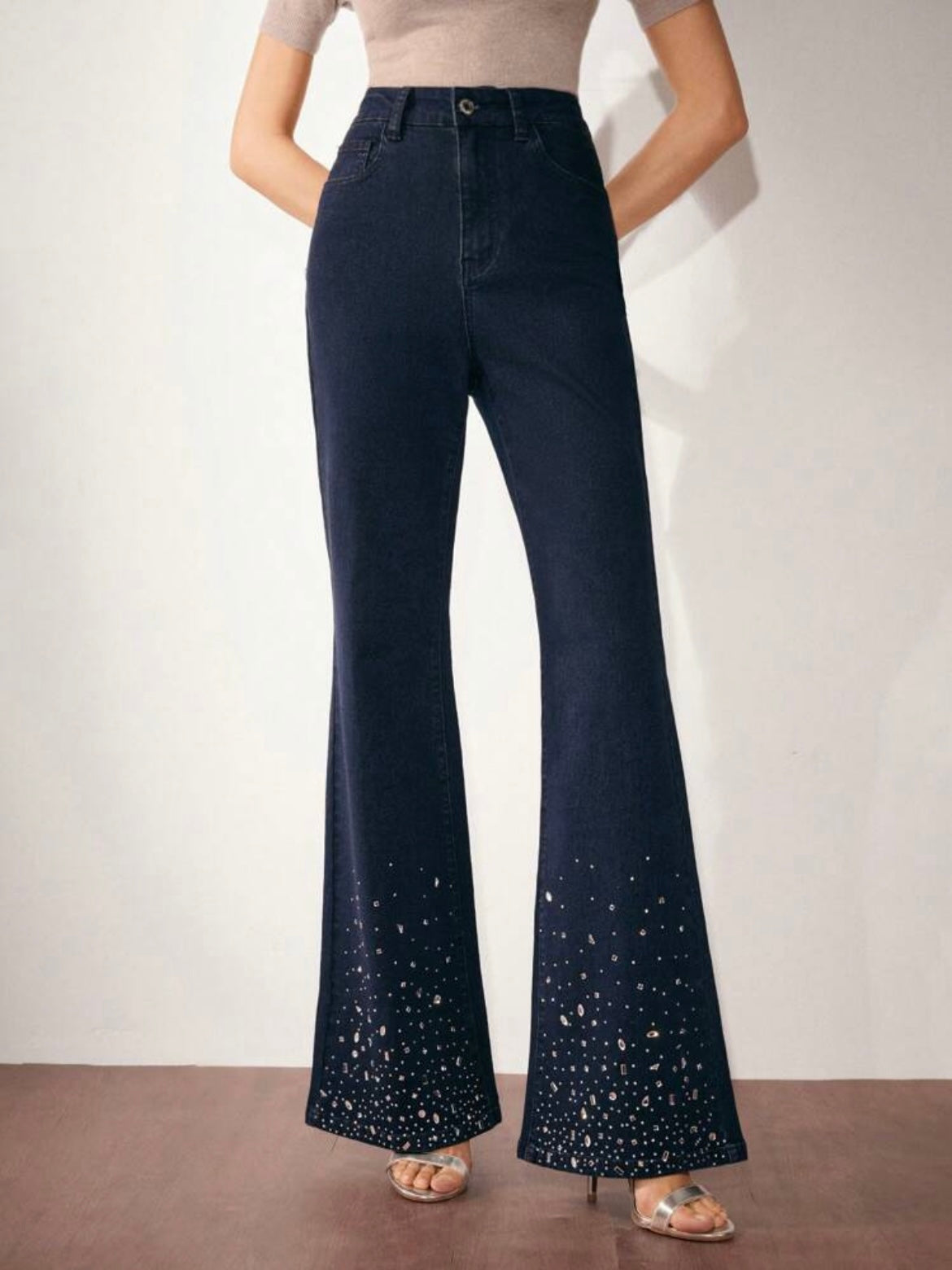 CM-BS500540 Women Casual Seoul Style High Waist Slim Fit Rhinestone Embellished Flare Leg Jeans