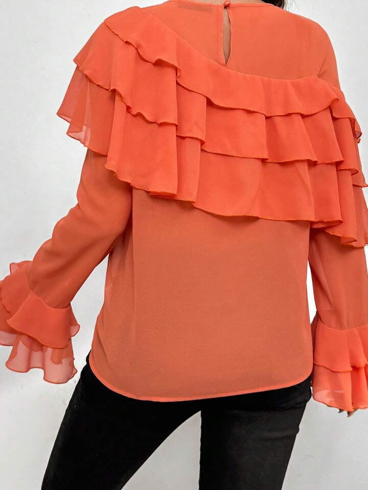 CM-TS831955 Women Elegant Seoul Style 3D Floral Decorated Ruffle Trim Blouse - Orange
