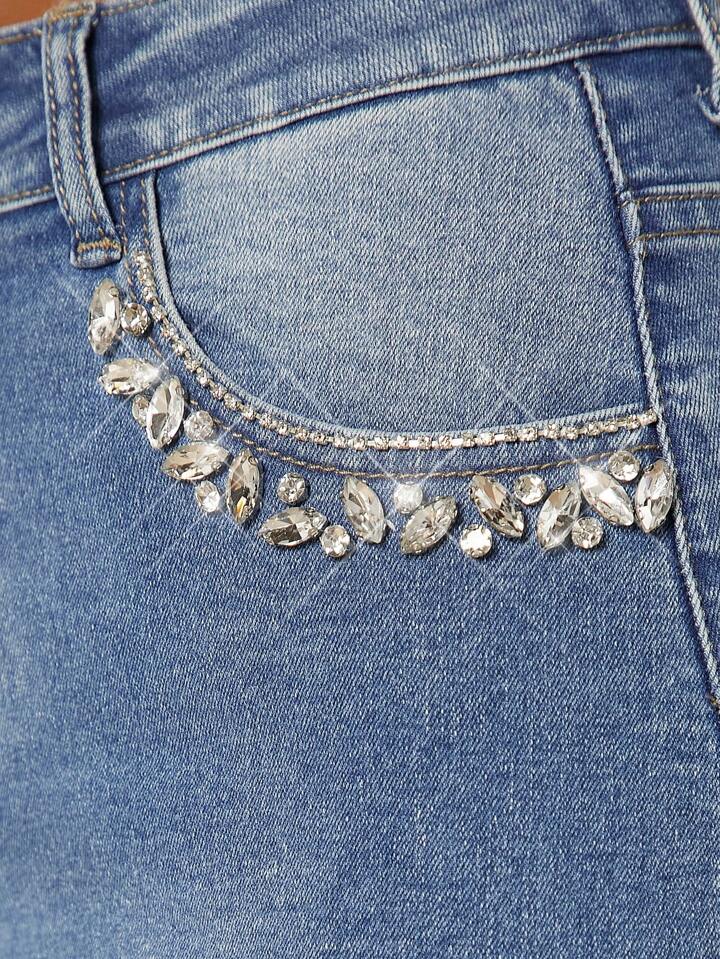 CM-BS655119 Women Casual Seoul Style High Waist Ripped Straight Leg Jeans With Rhinestone Heart Cut Out
