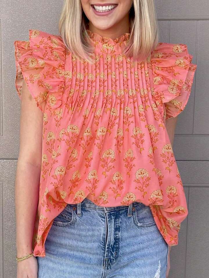 CM-TS895871 Women Trendy Bohemian Style Floral Print Fly Sleeves Ruffled High Neck Blouse - Orange