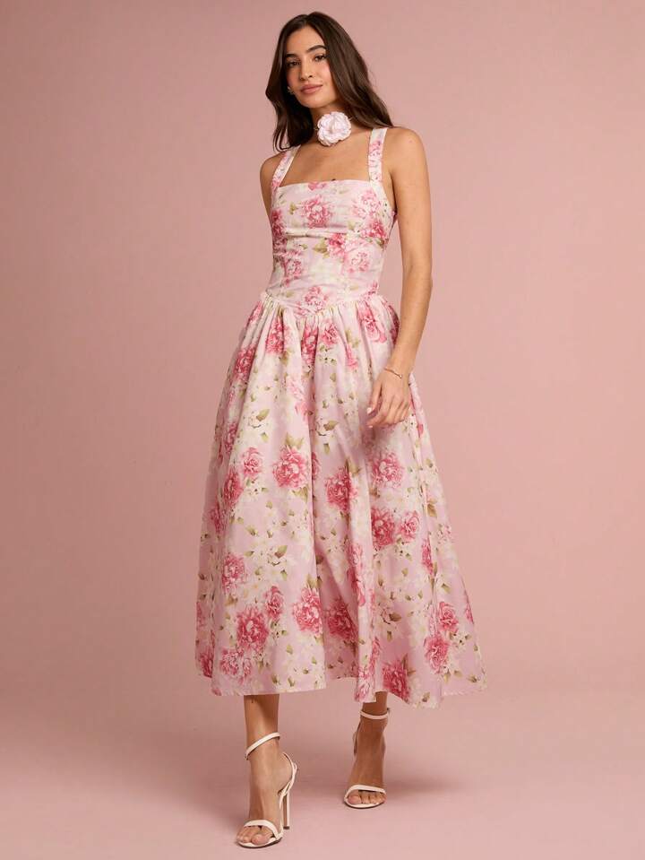 CM-DS532932 Women Elegant Seoul Style Floral Print Sleeveless Big Bowknot Backless Long Dress