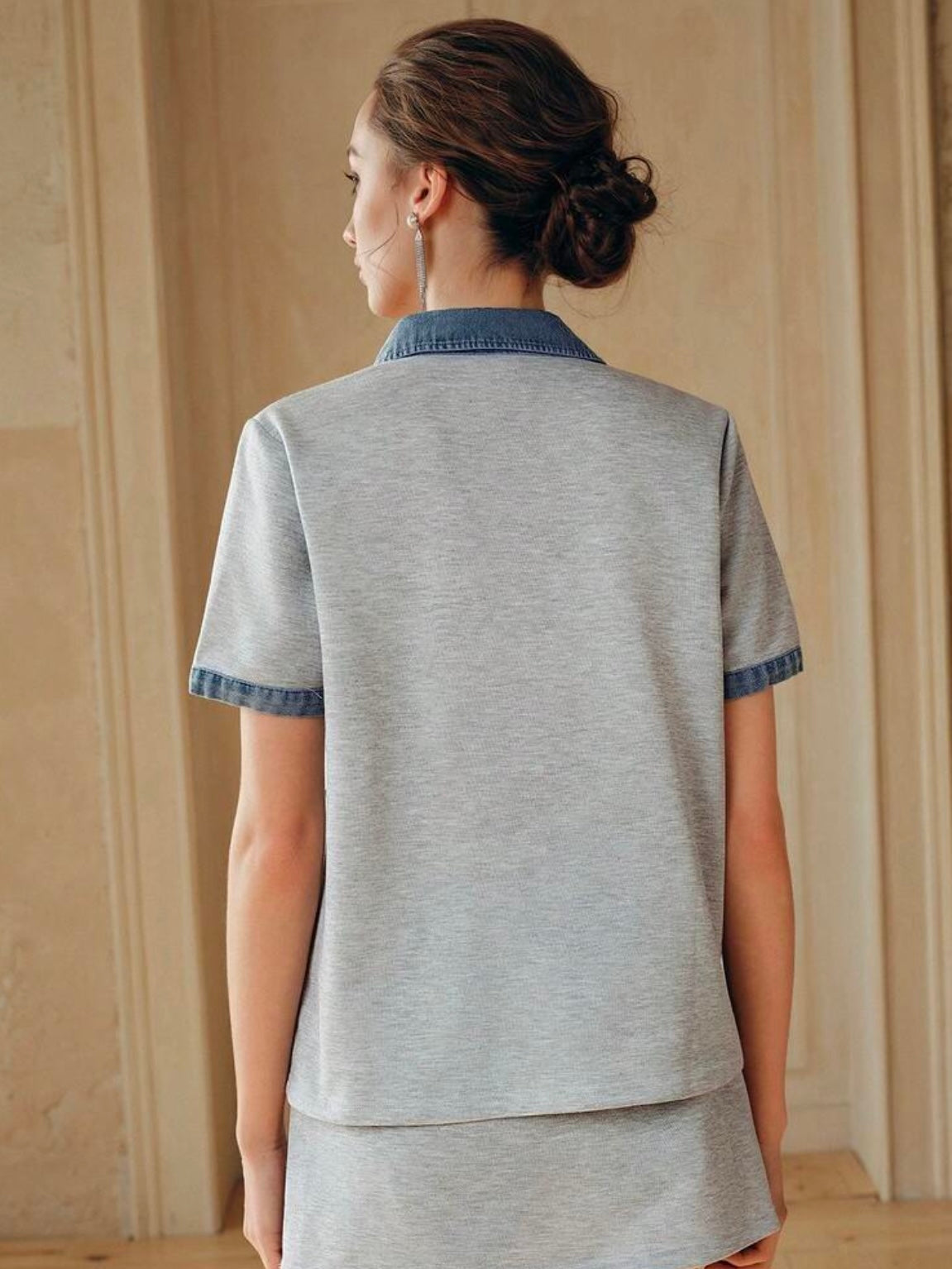 CM-TS782655 Women Casual Seoul Style Collar Neckline Color-Blocking Short Sleeve Denim T-Shirt - Light Gray