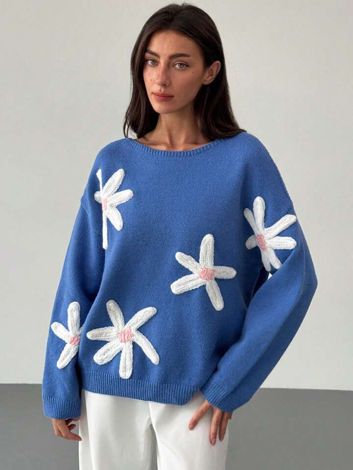 CM-CS548363 Women Casual Seoul Style 3D Floral Decoration Loose Fit Long Sleeve Sweater - Blue