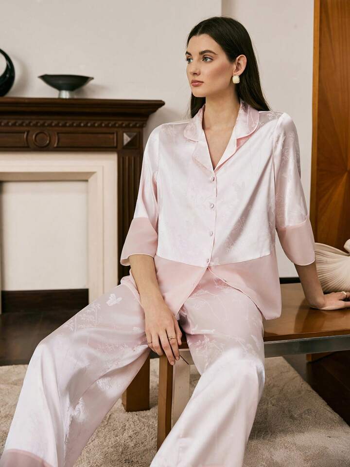 CM-LS048655 Women Trendy Seoul Style Bamboo Floral Reversible Collar 3/4 Sleeve Pajama Set - Baby Pink