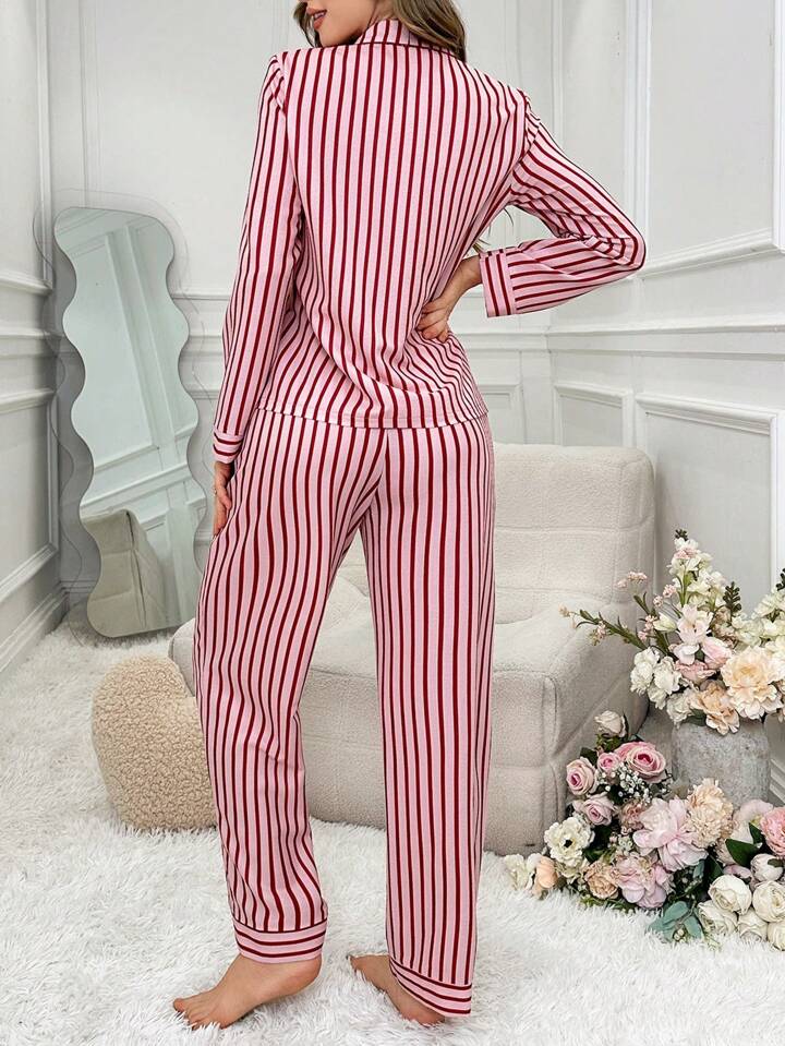 CM-LS158065 Women Trendy Seoul Style Bow-Tie Striped Long Sleeve Top With Pants Sleepwear Set - Red