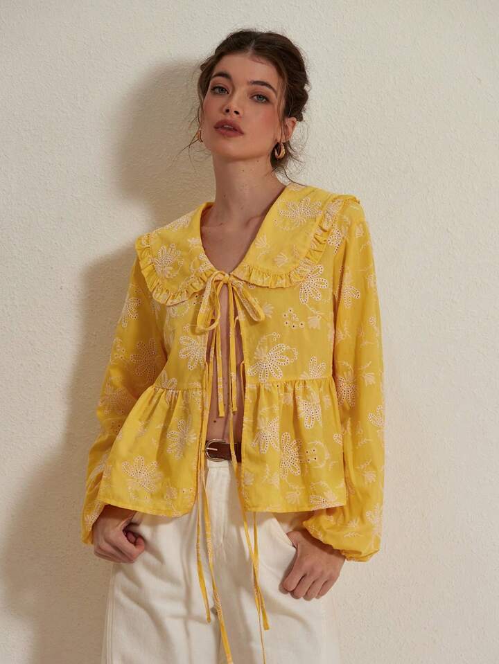 CM-TS711877 Women Casual Seoul Style Peter Pan Collar Tie-Up Bow Embroidered Long Sleeve Blouse