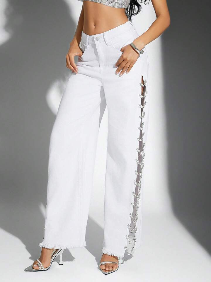 CM-BS219091 Women Casual Seoul Style Rhinestone Embellished Pockets Hollow Out Loose Fit Jeans