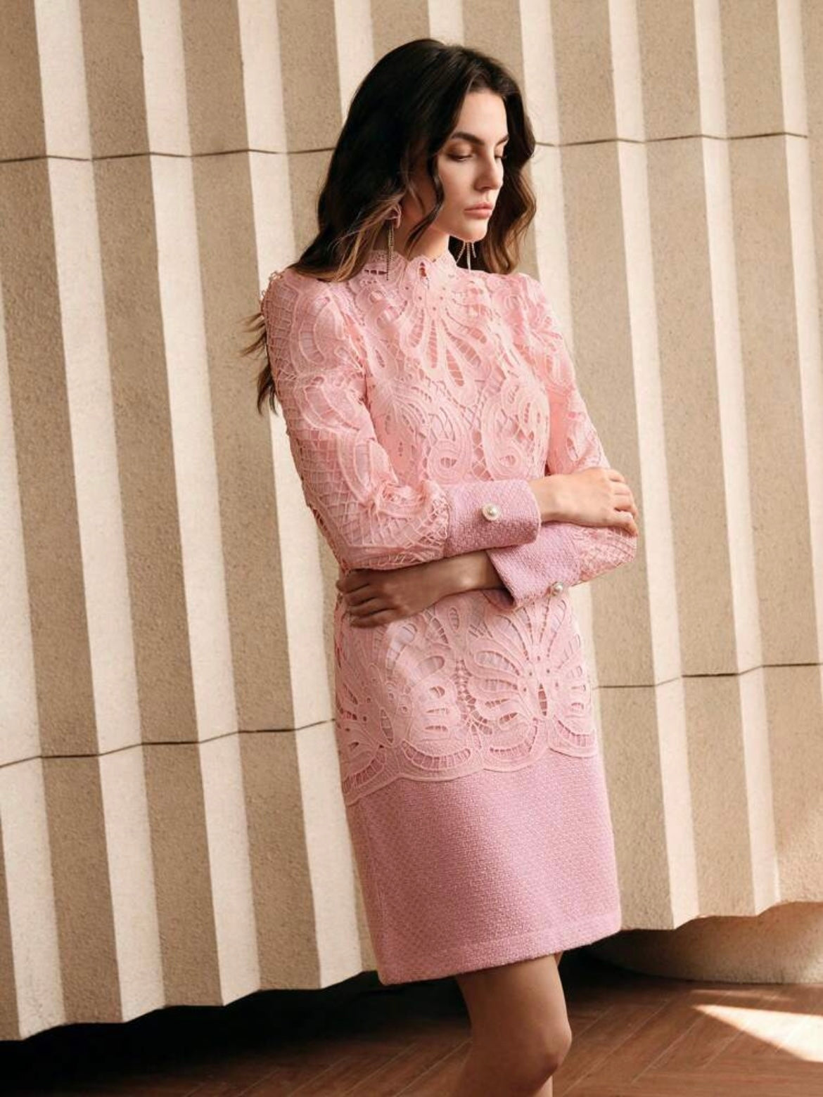 CM-DS111105 Women Elegant Seoul Style Stand Collar Long Sleeve Lace Patchwork Cheongsam Dress - Pink