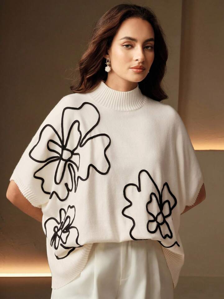 CM-CS518915 Women Elegant Seoul Style Stand Collar Batwing Sleeve Floral Embroidery Knit Top - White