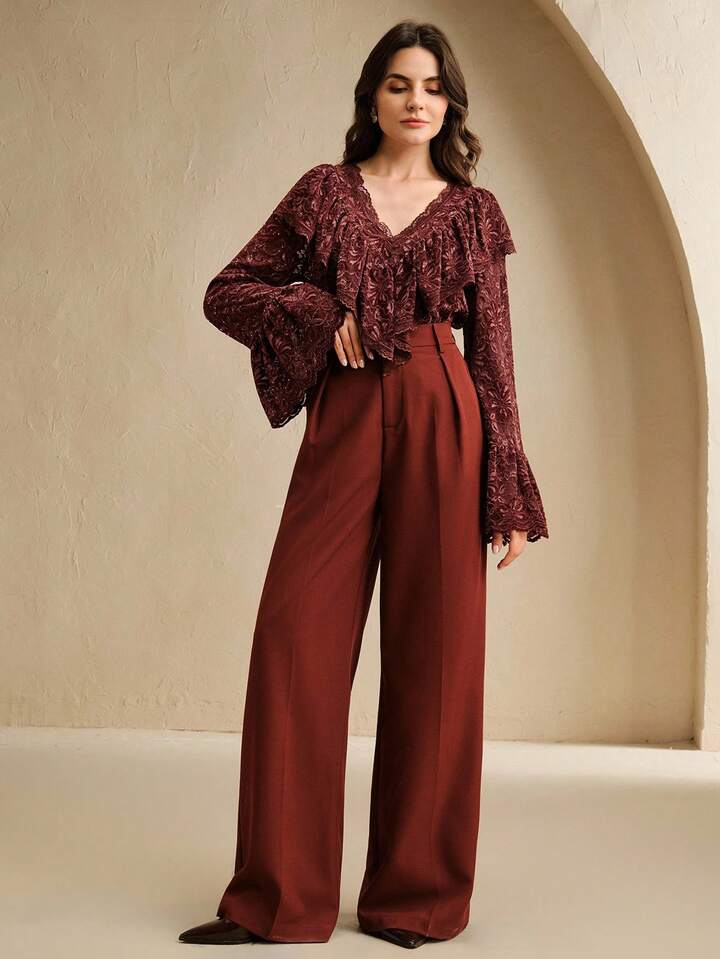 CM-TS377738 Women Elegant Seoul Style V-Neck Velvet Lace Ruffle Trim Long Sleeve Blouse - Burgundy