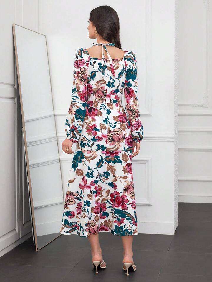 CM-DS944725 Women Casual Seoul Style Printed Halter Neck Long Sleeve Dress