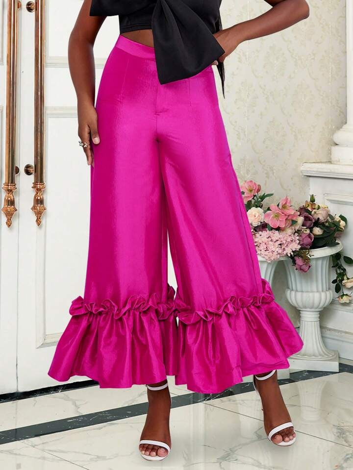 CM-BS544154 Women Elegant Seoul Style Loose Solid Color Pants With Patched Ruffle Hem