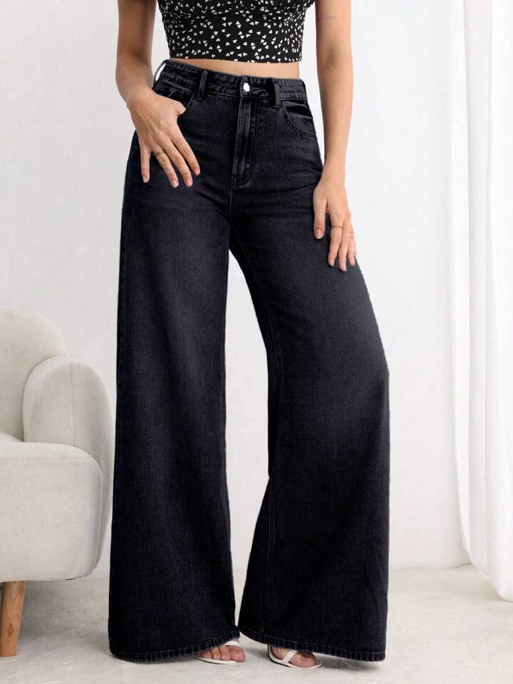 CM-BS078565 Women Elegant Seoul Style Button Front Pocket Loose Wide Leg Jeans - Black