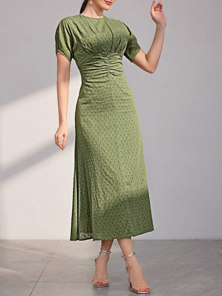 CM-DS764766 Women Elegant Seoul Style Round Neck Short Sleeve Pleated Waist Dress - Green