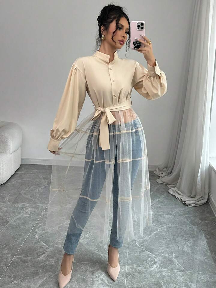 CM-TS484032 Women Casual Seoul Style Front Button Long Sleeve Mesh Contrast Minimalist Blouse