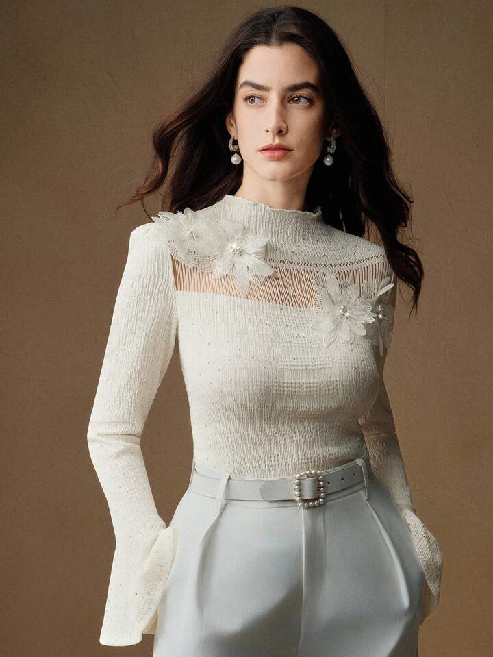 CM-TS613963 Women Elegant Seoul Style Floral Appliques Stand Collar Extra Long Flared Sleeve Blouse - Apricot